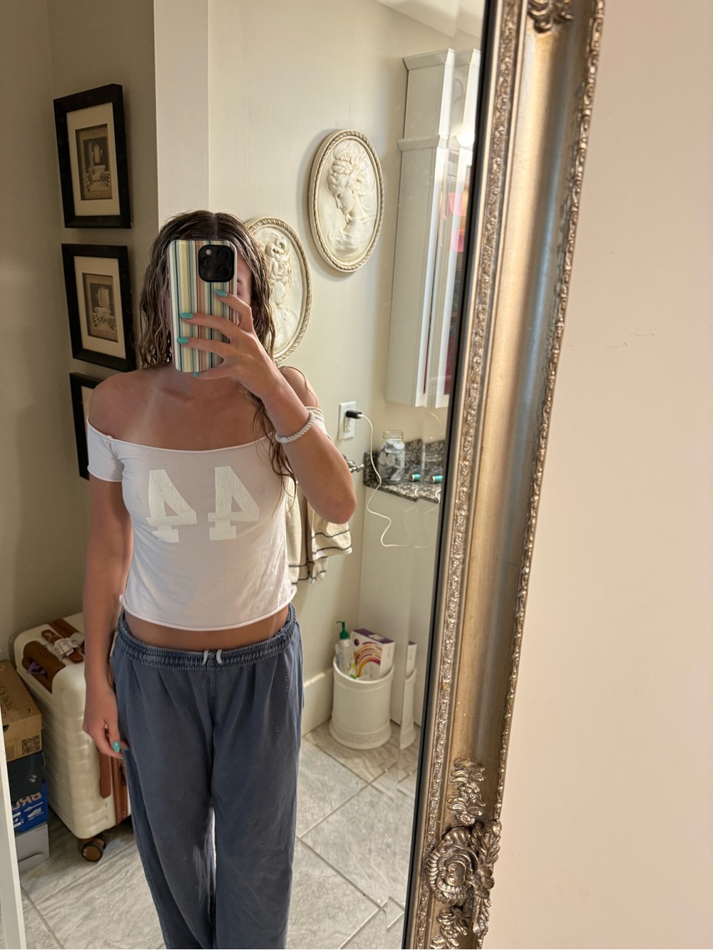 Brandy Melville White Off-Shoulder Crop Top with Graphic Number